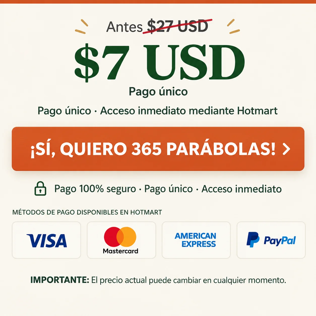 Oferta de 365 Parábolas por $7 USD, pago único y acceso inmediato mediante Hotmart