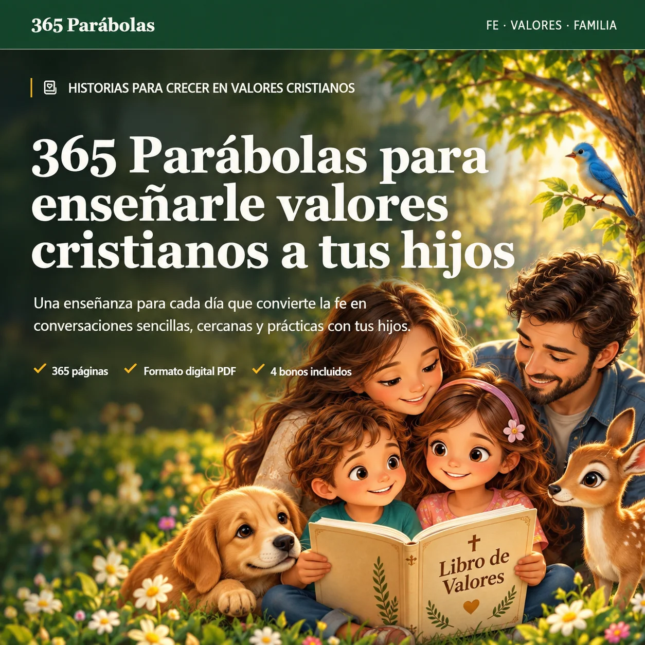 Portada de 365 Parábolas con una familia leyendo el Libro de Valores